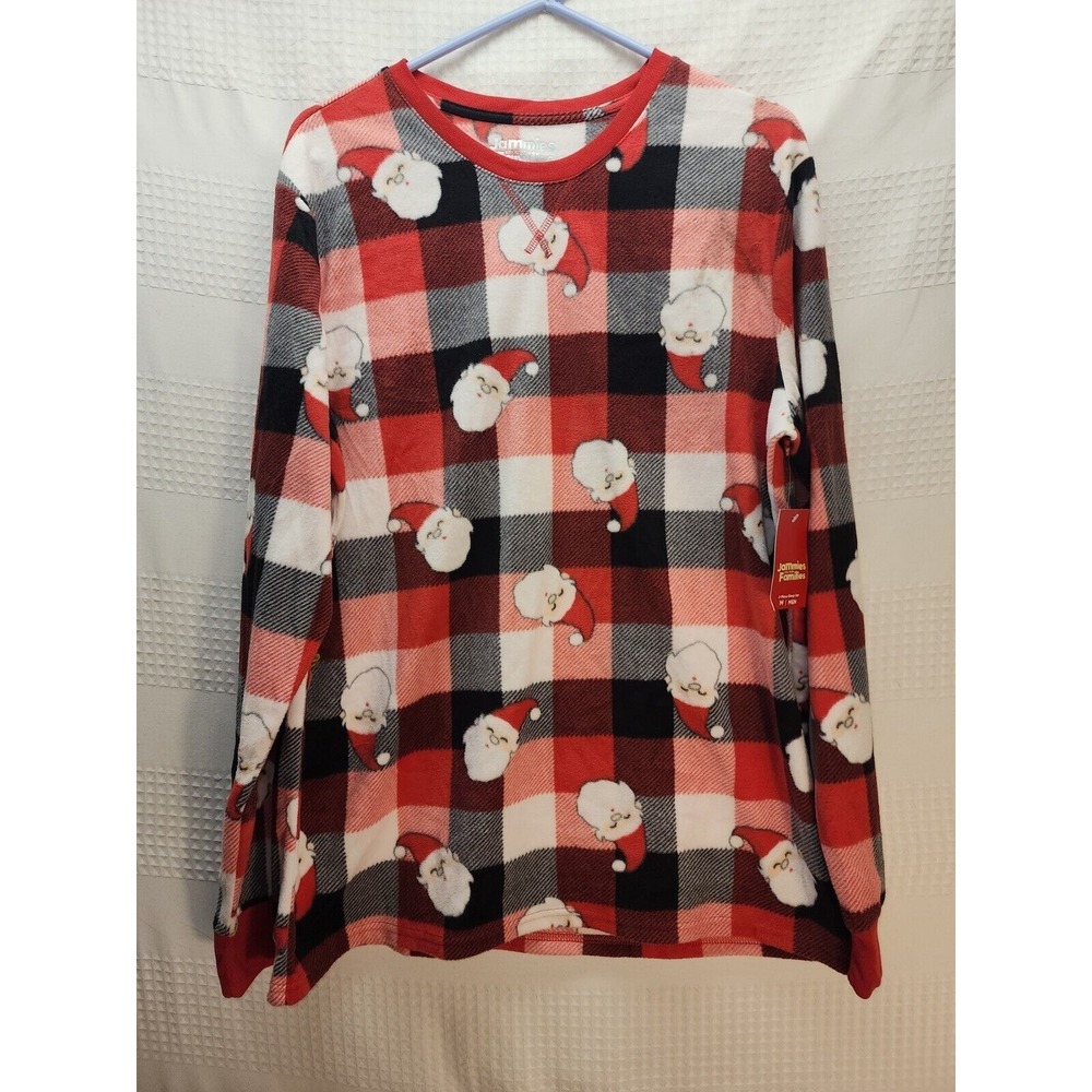Jammies for Your Families Men M Fleece Pajama Top Red Buffalo Check Santa Flaw